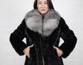 Elegant black mink fur jacket with fox collar for women personalized full skin pelts mink and fox collar jacket timeless style and elegance