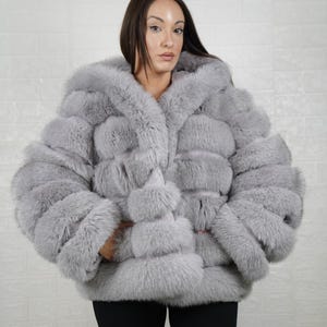 Fox fur gray coat jacket with hood for women and rabbit lines between fox personalized stylish winter fur fashion