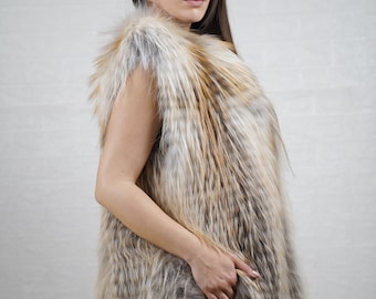 Golden fox fur vest jacket full skin peltsfox for women stylish winter fur outerwear