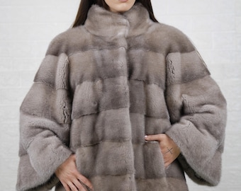 Elegant gray mink fur jacket coat with collar for women personalized full skin pelts mink jacket timeless style and elegance