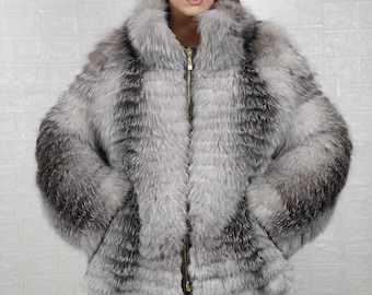 Fox fur frost coat jacket with collar for women personalized stylish winter fur fashion