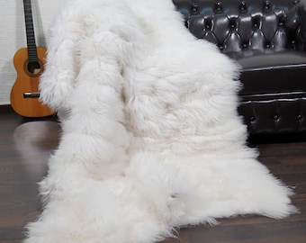 Fluffy white sheepskin alpaca fur throw blanket handmade real fur luxury bedspread sofa cover soft plush home decor gift