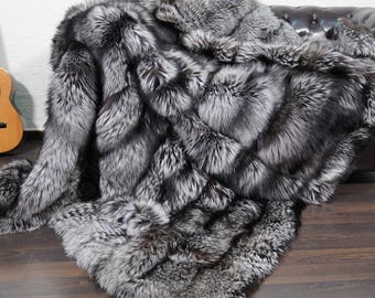 Luxurious full skin silver natural fox fur throw blanket large genuine organic ethically sourced winter warm bedspread scandinavian decor