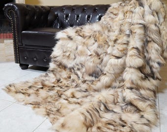 Iceberg beige natural fox fur throw blanket handmade luxury real fur bedspread sofa cover housewarming gift