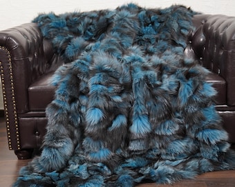 Light blue fox fur throw blanket genuine handmade organic ethically sourced large soft plush bedspread winter warm home decor