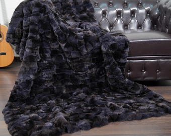 DOUBLE SIDED Fur Gray orchid rex rabbit fur throw blanket luxury genuine handmade home decor