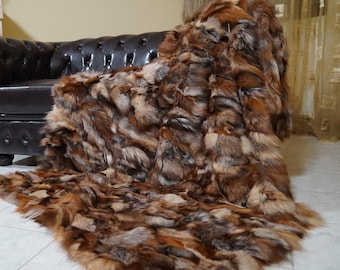 Luxurious crystal natural fox fur throw blanket brown handmade luxury real fur bedspread sofa cover elegant home decor housewarming gift
