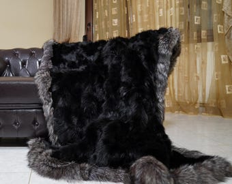 Real black fox fur throw blanket with silver edges handmade luxury real fur bedspread sofa cover housewarming gift