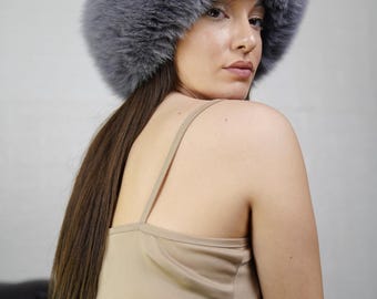 Gray fox fur headband full skin adjustable real fur luxury ear warmer velvet lined handmade women winter fashion gift accessory