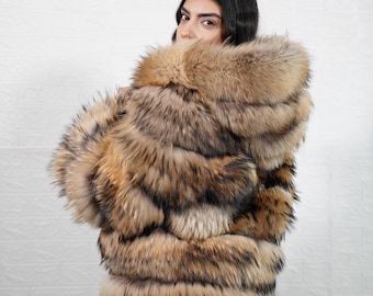 Glamorous fin raccoon fur coat jacket full skin genuine handmade leather lines hooded with zipper organic ethically sourced gift for her