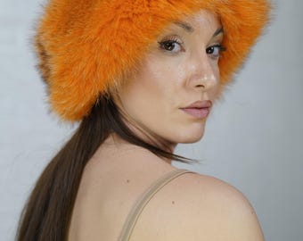 Elegant orange fox fur headband full skin adjustable real fur luxury ear warmer velvet lined handmade women winter fashion gift accessory