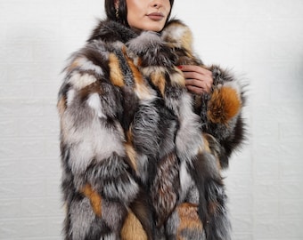 Real natural cross fox fur jacket coat with collar handmade luxury real fur women fashion gift for her