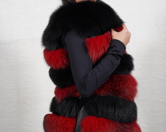 Real fox fur vest jacket black red full skin handmade luxury real fur women winter fashion