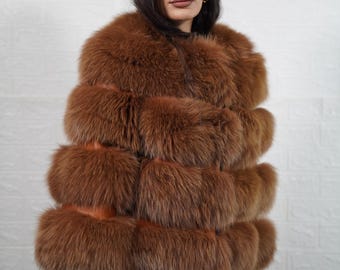 Real fox fur jacket coat camel brown full skin with leather lines handmade luxury real fur women fashion