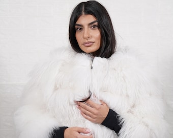 Alpaca fur jacket white cropped bomber style leather lines luxury handmade