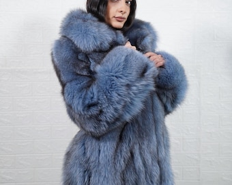 Real bluejean fox fur jacket coat with collar handmade luxury real fur women fashion gift for her