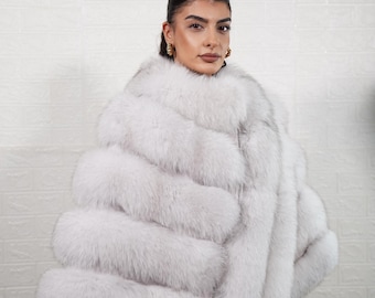 Real natural fox fur poncho jacket full skin handmade real fur women zipper closure with leather lines in between fur wedding outfit