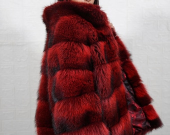 Fin raccoon fur coat jacket with collar black red genuine organic ethically sourced personalized