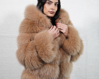 Gorgeous camel brown fox fur coat jacket full skin with hood zipper closure handmade real fur women luxury winter fashion gift for her