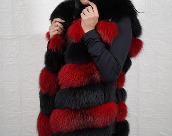 Real fox fur vest jacket black red full skin handmade luxury real fur women winter fashion