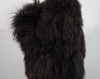 Luxurious Real Mongolian sheepskin dark brown fur jacket coat fluffy full skin handmade luxury real fur women fashion ethical and organic