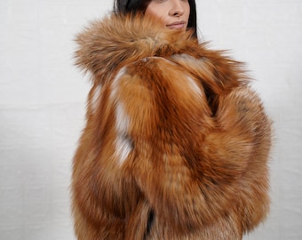 Gold natural fox fur full skin cropped jacket coat handmade luxury real fur women statement winter fashion