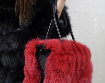 Red fox fur bag handmade real fur women accessory luxury shoulder bag statement winter fashion elegant gift with leather on edges