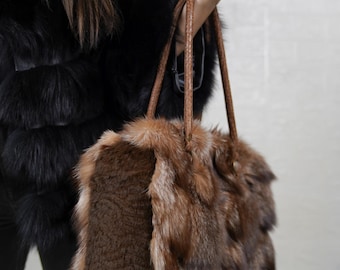 Fox fur bag for shoulder natural crystal real fur women accessory luxury purse statement winter fashion elegant gift for her