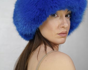 Blue fox fur headband full skin luxury real fur adjustable ear warmer women winter accessory handmade velvet lined gift for her