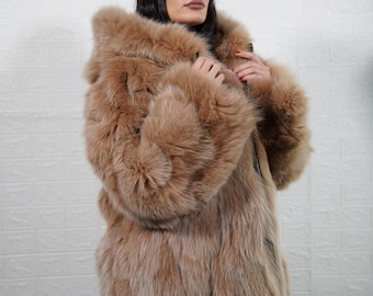Real fox fur jacket coat Brown with zipper and hood genuine handmade organic ethically sourced winter fashion statement fur modern style