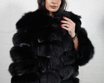 Glamorous black fox fur jacket bomber style with leather lines handmade real fur women luxury coat winter fashion outerwear