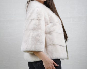 Mink fur jacket white short bomber style full skin