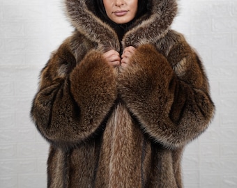 Fin raccoon fur coat jacket hooded natural brown genuine organic ethically sourced personalized
