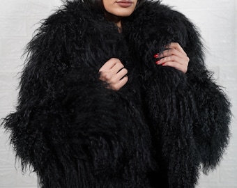 Luxurious Real Mongolian sheepskin black fur jacket coat fluffy full skin handmade luxury real fur women fashion ethical and organic