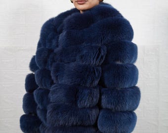Blue Fox Fur Jacket Coat with Leather Lines Full Skin Luxury Handmade Genuine Winter Outerwear Women Gift