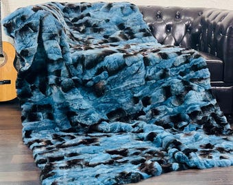Light Blue black spots rex rabbit fur throw blanket soft sofa bed accent and rug