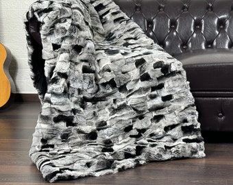 Real DOUBLE SIDED Rex Rabbit Fur Blanket Throw • Handmade Fur Sofa Cover n Bedspread • Vintage Rabbit fur Throw Blanket