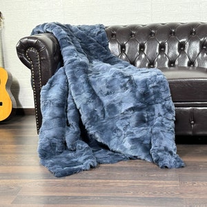 Luxurious DOUBLE SIDED Real Rex Rabbit Fur Blanket Throw Blue - Handcrafted Soft Warmth for Cozy Nights