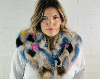 GORGEOUS Real FOX FUR Collar •  Genuine Fur Collar Colorful • Real Fur Scarf • Fur Wrap • Fur Shawl