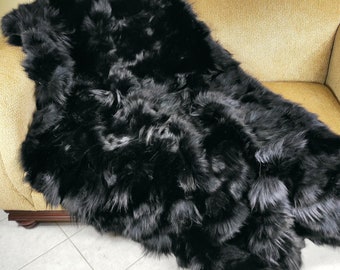 Real Black Fox Fur Throw • Personalized Genuine Fur Throw Rug • Housewarming Gift • Handmade Vintage Fur Throw for Living Room n Bedroom