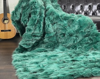Green Fox Fur Throw Blanket • Real Fur Bedspread • Luxury Rug for Bedroom Living Room • Handmade Home Decor • Housewarming Gift