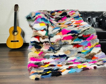 Real Colorful Fox Fur Throw • Personalized Genuine Fur Throw Rug • Housewarming Gift • Handmade Vintage Fur Throw for Living Room n Bedroom