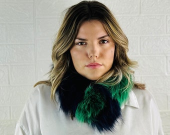 Luxurious Real Fox Fur Scarf Green Blue - Handcrafted Winter Fashion Accessory - Ethically and Organically Farmed Fox Fur