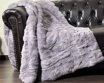 Real DOUBLE SIDED Rabbit Fur Blanket Throw Purple • Personalized Handmade Fur Sofa Cover n Bedspread • Vintage Rabbit fur Throw Blanket