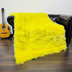 Gorgeous DOUBLE SIDED Real Fox Fur Throw Blanket Yellow • Large Area Rug  • Genuine Fur Rug  • Ethically Farmed Fox Fur  •Scandinavian Decor