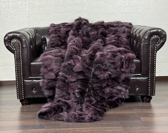 Luxurious DOUBLE SIDED Real FOX Fur Blanket Throw Black Purple- Personalized Handcrafted Warmth for Home Decor - Organically Farmed Fox Fur