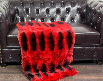 Real DOUBLE SIDED Red with Black Full Skin Rex Rabbit Fur Blanket Throw • Handmade Fur Sofa Cover n Bedspread • Vintage Rabbit fur Throw