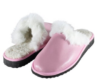 Fur Sheepskin Leather Slippers Pink for Women • Cozy Warm House Wool Slippers  •  Handmade genuine leather slippers