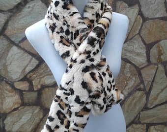 Rex Rabbit Fur Beige Leopard Print Scarf with Hole Luxury Neck Wrap Handmade