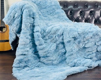 Light Blue rex rabbit fur throw blanket soft sofa bed accent and rug